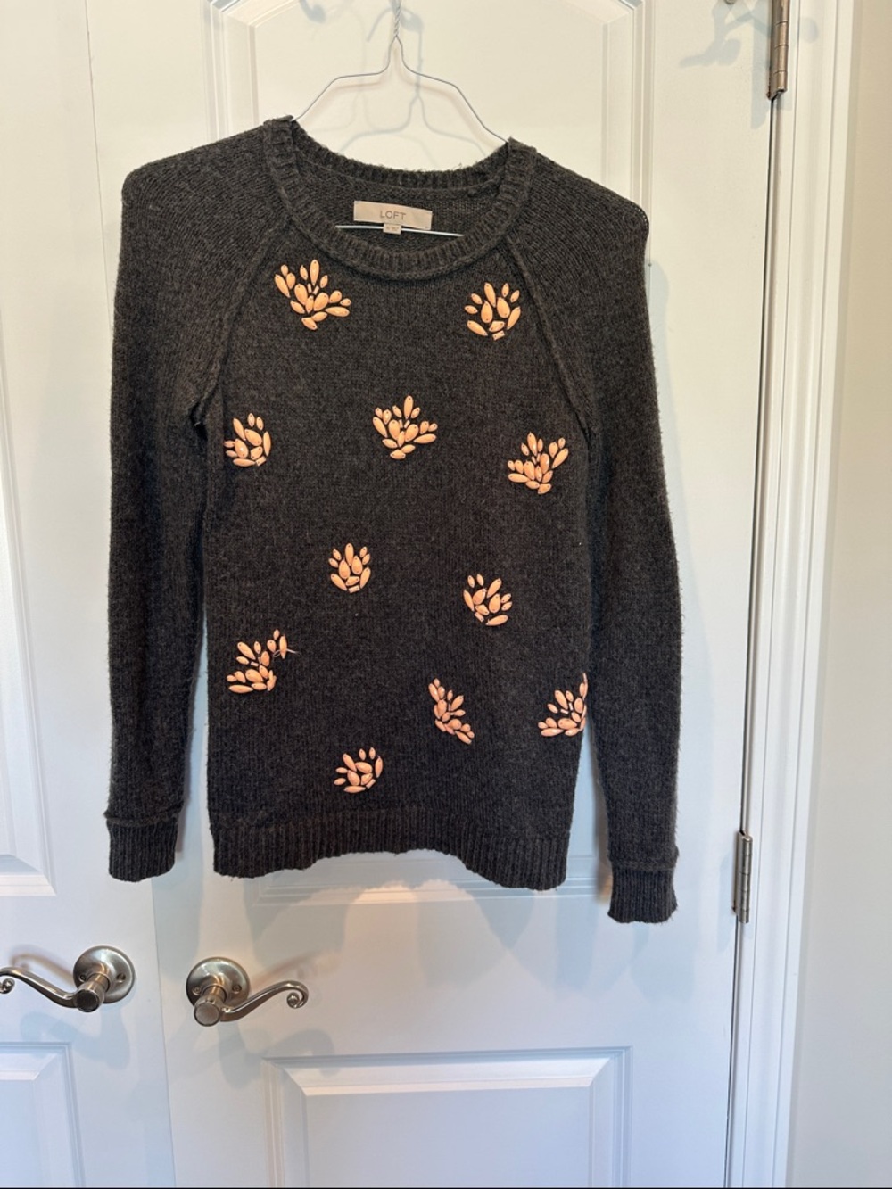 LOFT Charcoal Crewneck Sweater with Pink Appliques